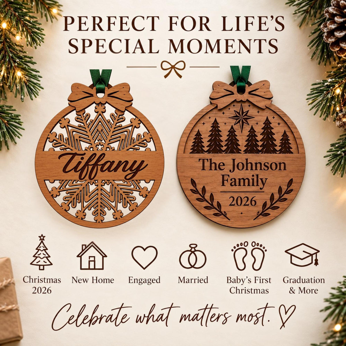 Personalized Christmas Ornament - Custom Walnut Wood Name or Family Keepsake