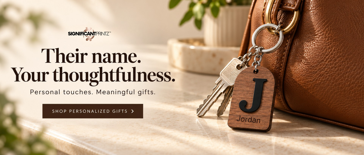 Walnut keychain personalized with the initial J and name Jordan, styled beside keys and a cognac bag. Shop personalized gifts.