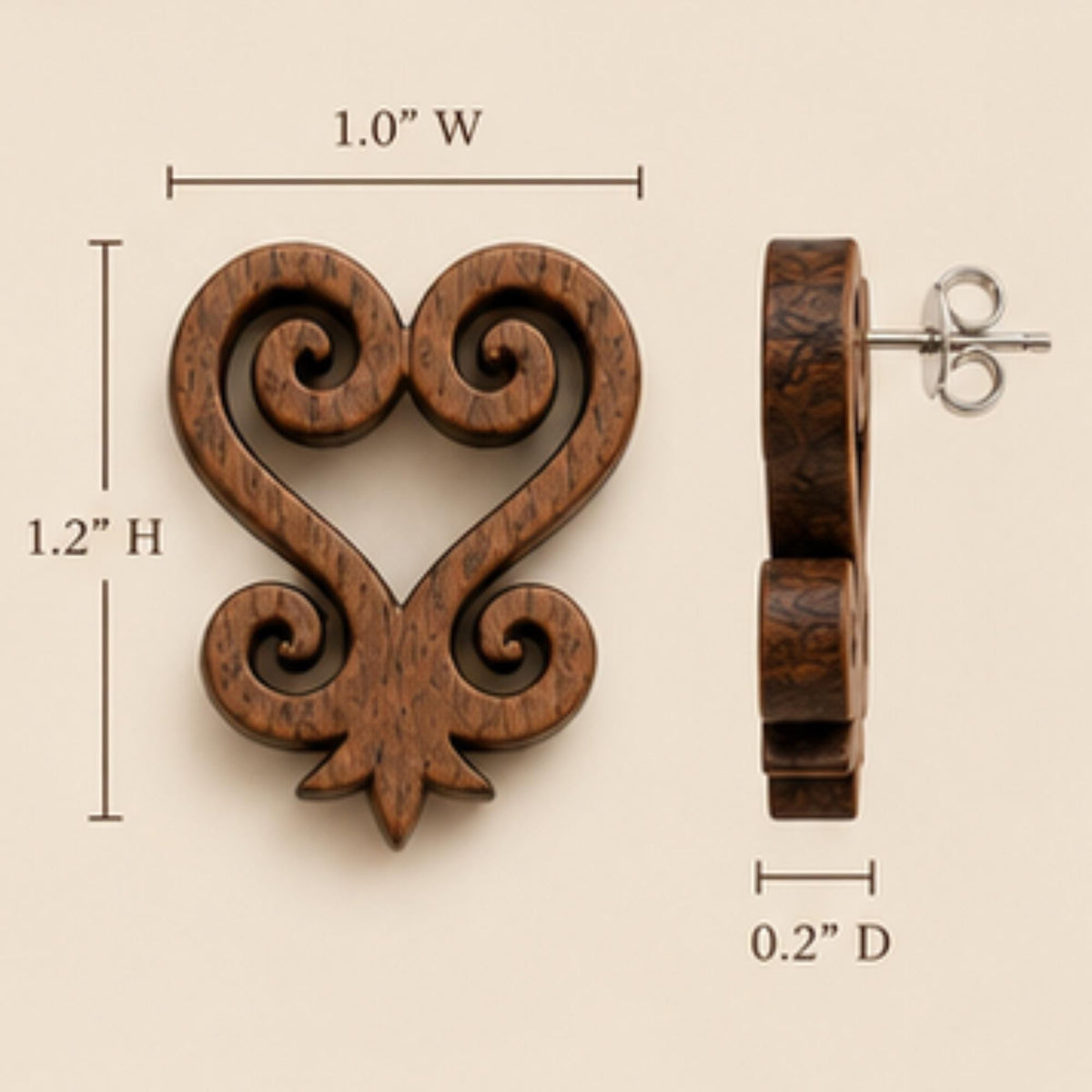 Sankofa Wood Earrings | Adinkra Symbol Studs, Walnut, Sterling Silver