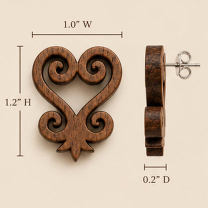 Sankofa Wood Earrings | Adinkra Symbol Studs, Walnut, Sterling Silver