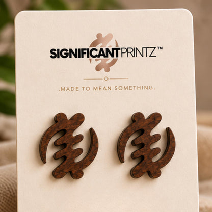 Gye Nyame Wood Earrings, Adinkra Faith Symbol, Stained Walnut