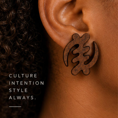 Gye Nyame Wood Earrings, Adinkra Faith Symbol, Stained Walnut