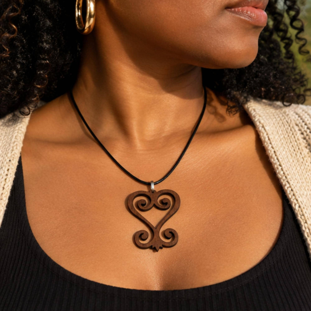 Sankofa Wood Necklace, Adinkra Symbol Pendant in Natural Walnut
