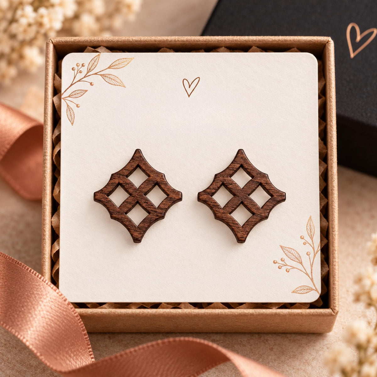 Adinkra Wood Earrings, Eban Walnut Studs, 925 Sterling Silver