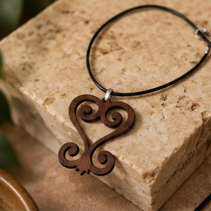 Sankofa Wood Necklace, Adinkra Symbol Pendant in Natural Walnut