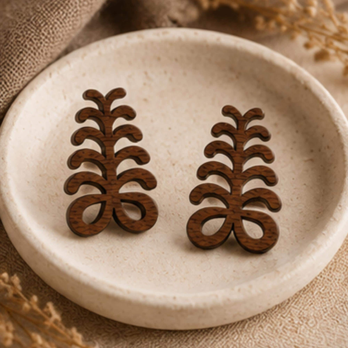 Aya Adinkra Stud Earrings, Walnut Wood, Sterling Silver Posts