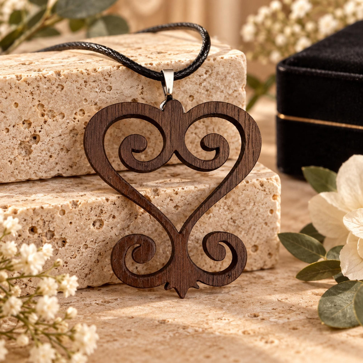 Sankofa Wood Necklace, Adinkra Symbol Pendant in Natural Walnut