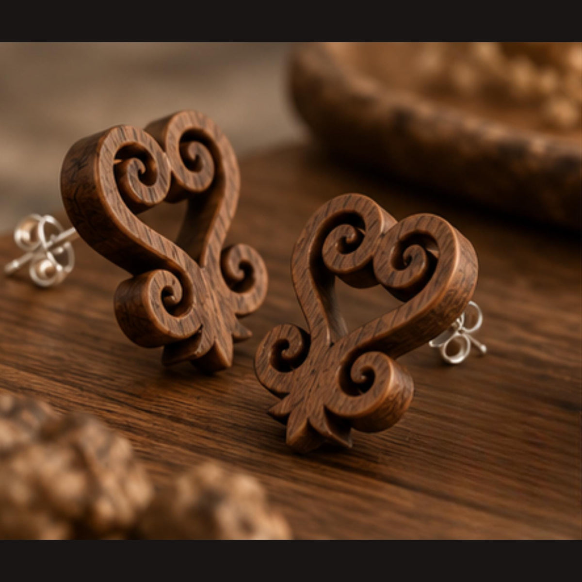 Sankofa Wood Earrings | Adinkra Symbol Studs, Walnut, Sterling Silver