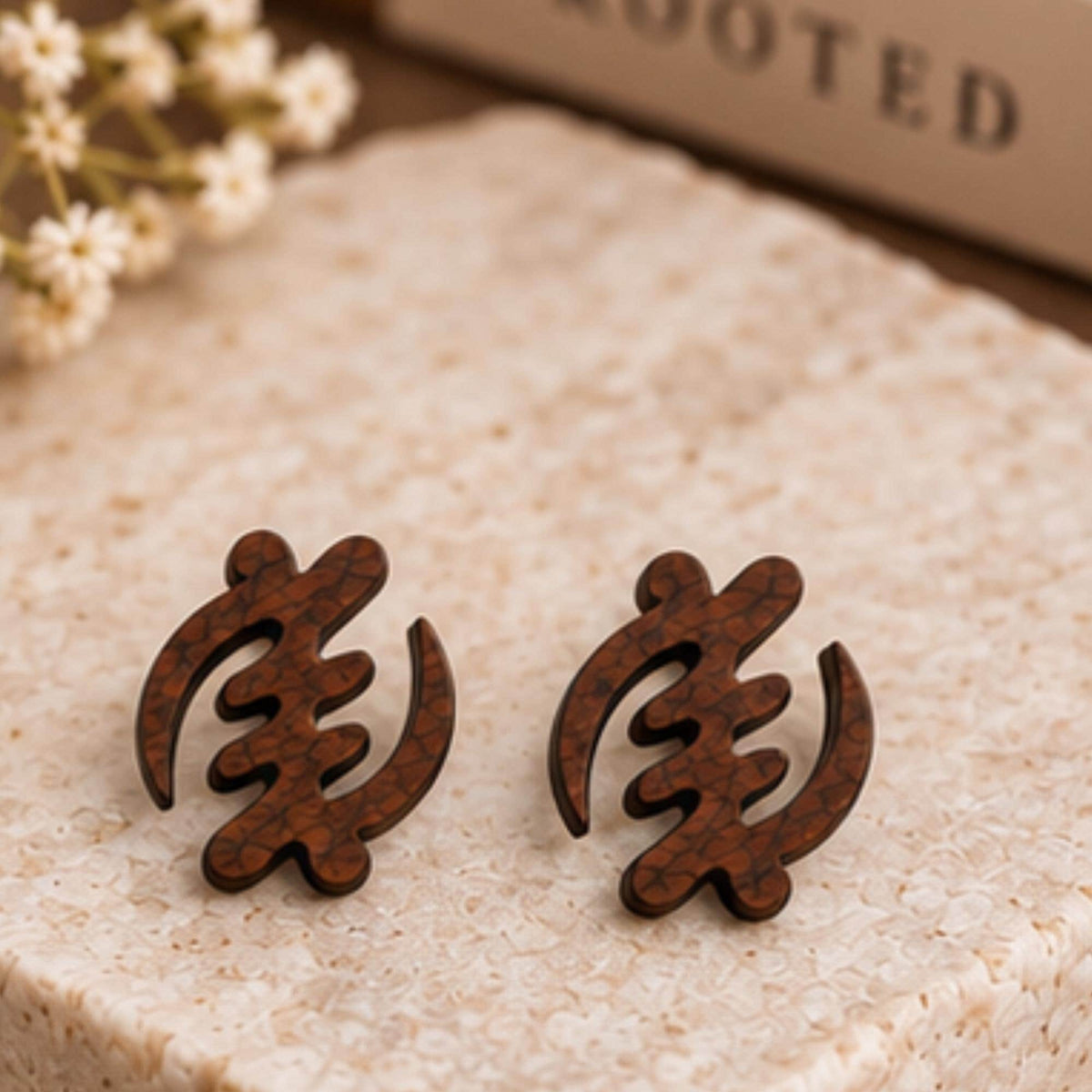 Gye Nyame Wood Earrings, Adinkra Faith Symbol, Stained Walnut
