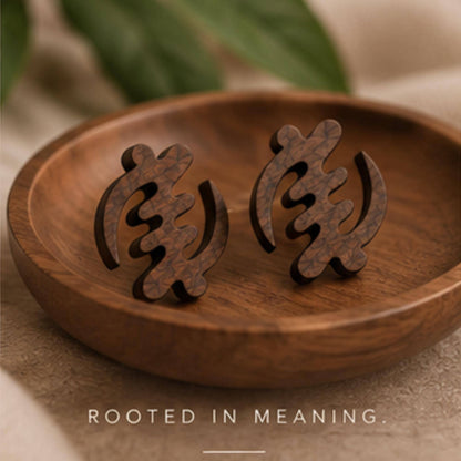 Gye Nyame Wood Earrings, Adinkra Faith Symbol, Stained Walnut
