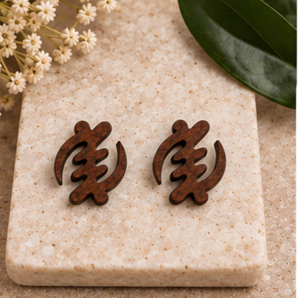 Gye Nyame Wood Earrings, Adinkra Faith Symbol, Stained Walnut