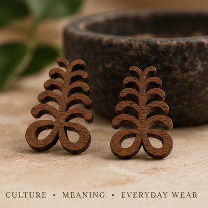 Aya Adinkra Stud Earrings, Walnut Wood, Sterling Silver Posts