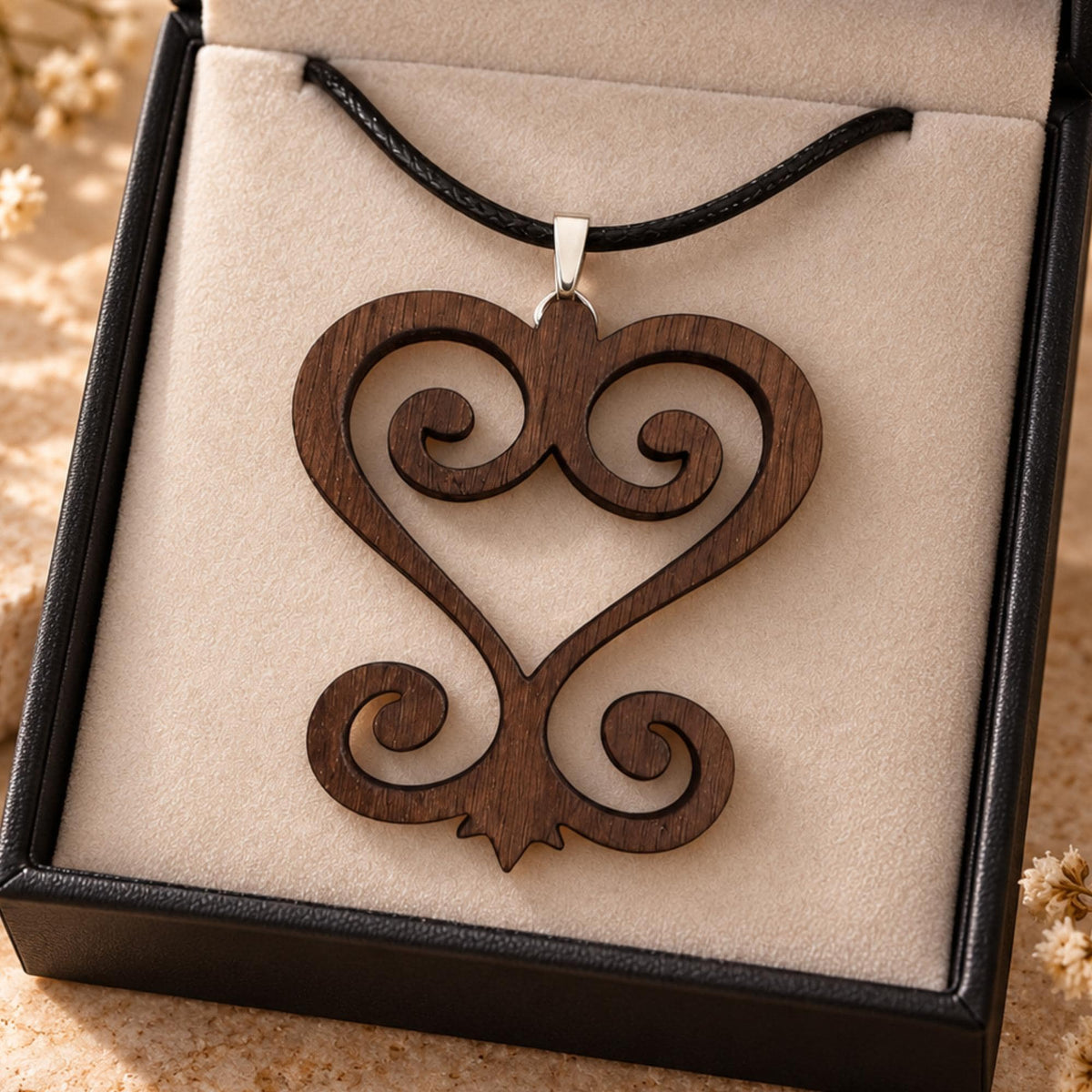 Sankofa Wood Necklace, Adinkra Symbol Pendant in Natural Walnut
