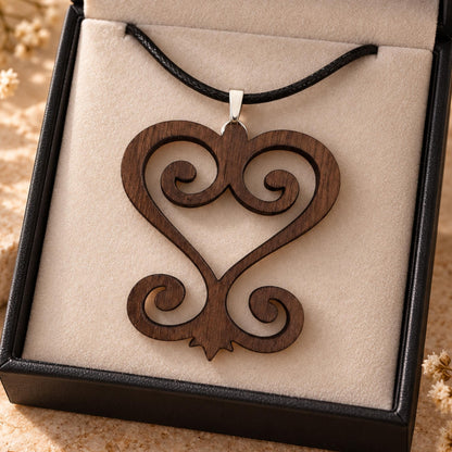 Sankofa Wood Necklace, Adinkra Symbol Pendant in Natural Walnut