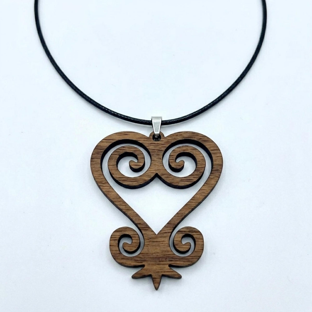 Sankofa Wood Necklace, Adinkra Symbol Pendant in Natural Walnut