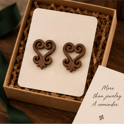 Sankofa Wood Earrings | Adinkra Symbol Studs, Walnut, Sterling Silver