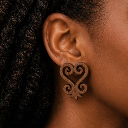 Sankofa Wood Earrings | Adinkra Symbol Studs, Walnut, Sterling Silver