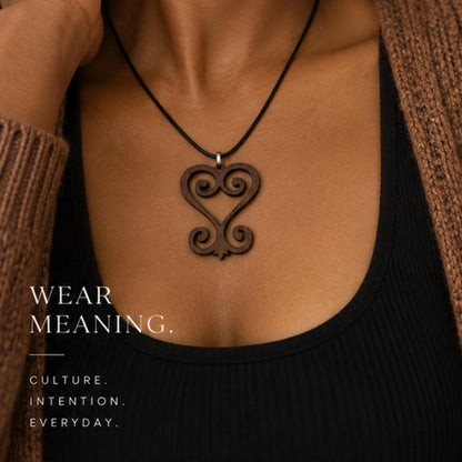 Sankofa Wood Necklace, Adinkra Symbol Pendant in Natural Walnut
