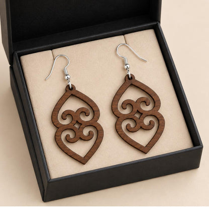 Adinkra Wood Earrings, Asase Ye Duru Walnut, Sterling Silver Hooks