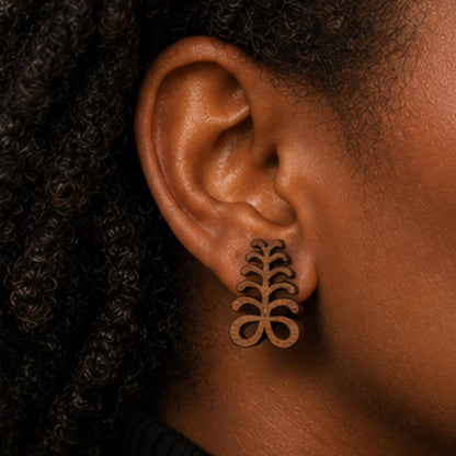 Aya Adinkra Stud Earrings, Walnut Wood, Sterling Silver Posts