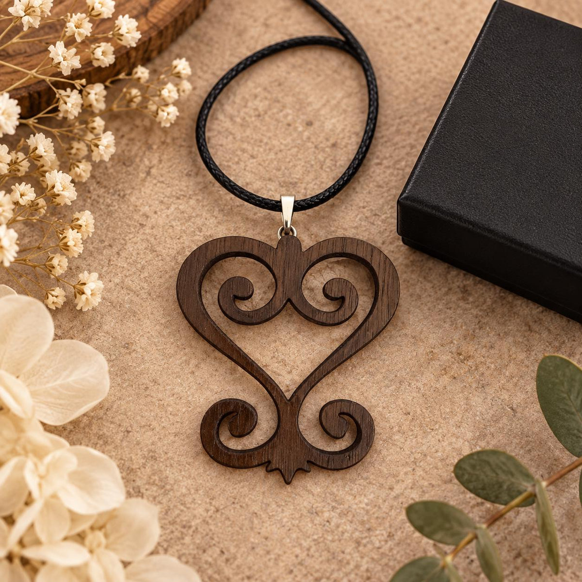 Sankofa Wood Necklace, Adinkra Symbol Pendant in Natural Walnut