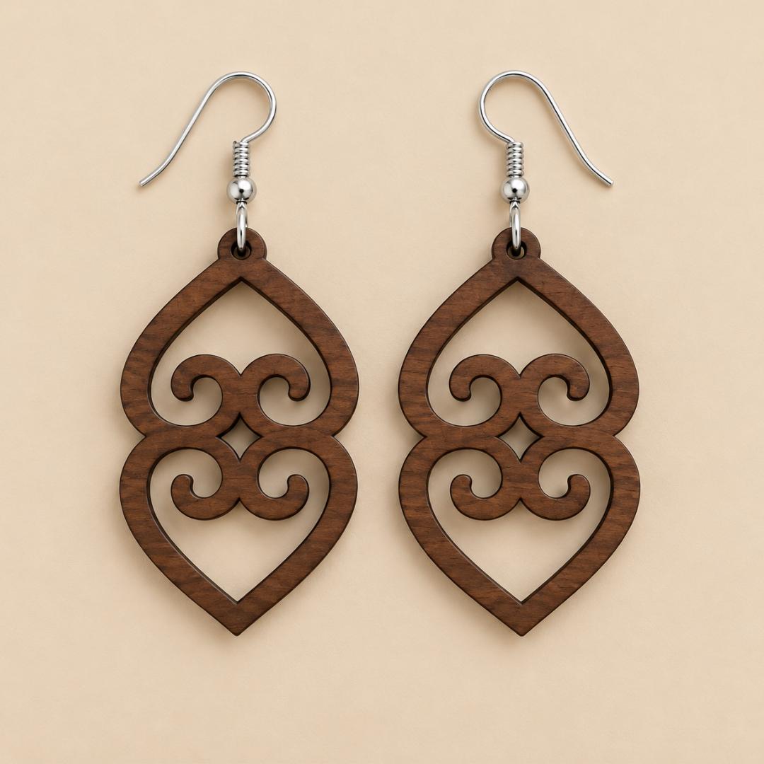 Adinkra Wood Earrings, Asase Ye Duru Walnut, Sterling Silver Hooks