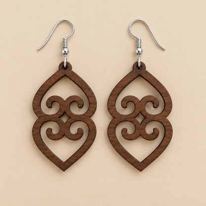 Adinkra Wood Earrings, Asase Ye Duru Walnut, Sterling Silver Hooks