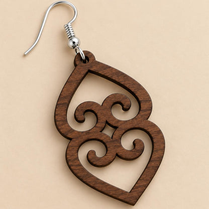 Adinkra Wood Earrings, Asase Ye Duru Walnut, Sterling Silver Hooks