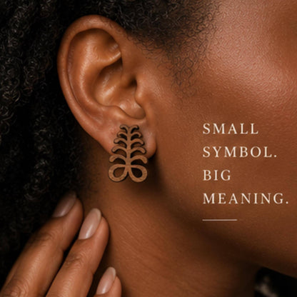 Aya Adinkra Stud Earrings, Walnut Wood, Sterling Silver Posts