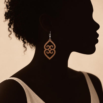 Adinkra Wood Earrings, Asase Ye Duru Walnut, Sterling Silver Hooks