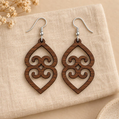 Adinkra Wood Earrings, Asase Ye Duru Walnut, Sterling Silver Hooks