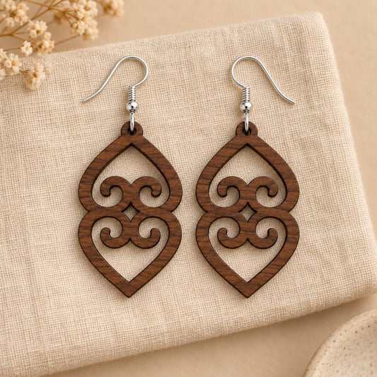 Adinkra Wood Earrings, Asase Ye Duru Walnut, Sterling Silver Hooks