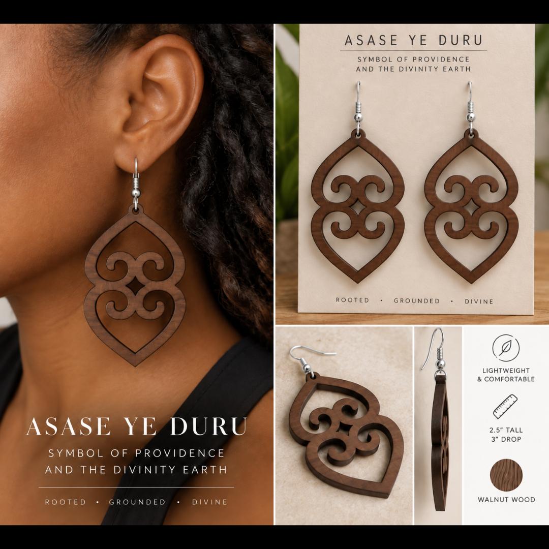 Adinkra Wood Earrings, Asase Ye Duru Walnut, Sterling Silver Hooks