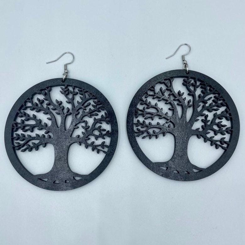 Tree of Life Round Wood Earrings