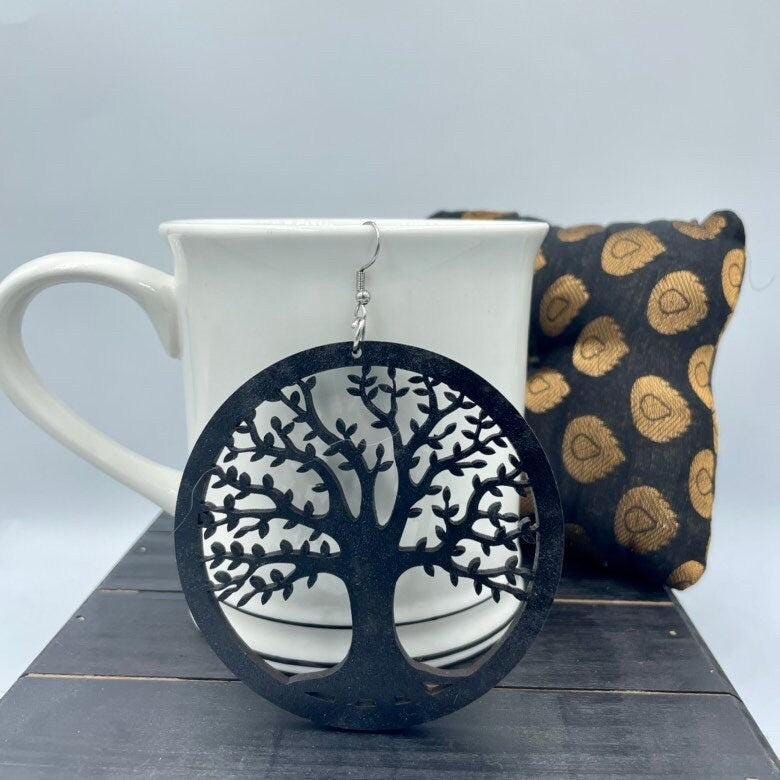Tree of Life Round Wood Earrings