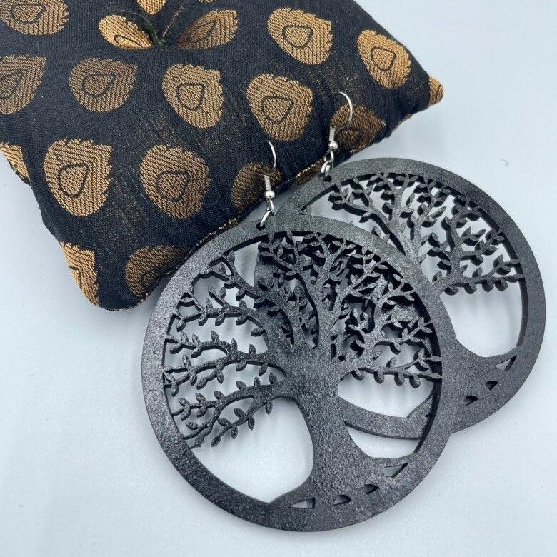 Tree of Life Round Wood Earrings