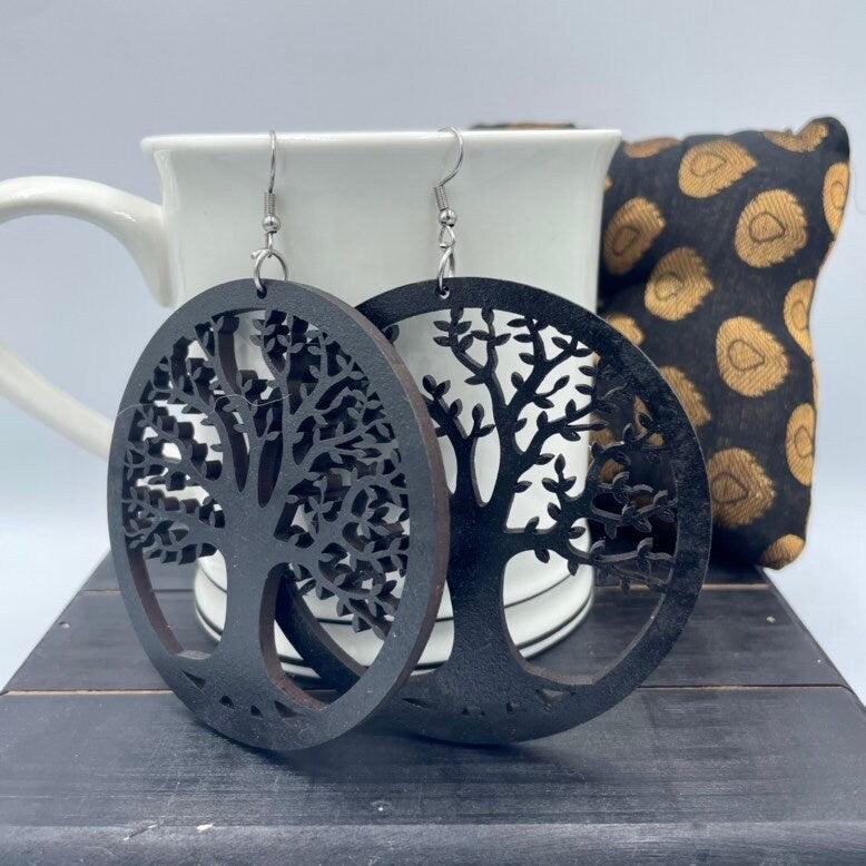 Tree of Life Round Wood Earrings
