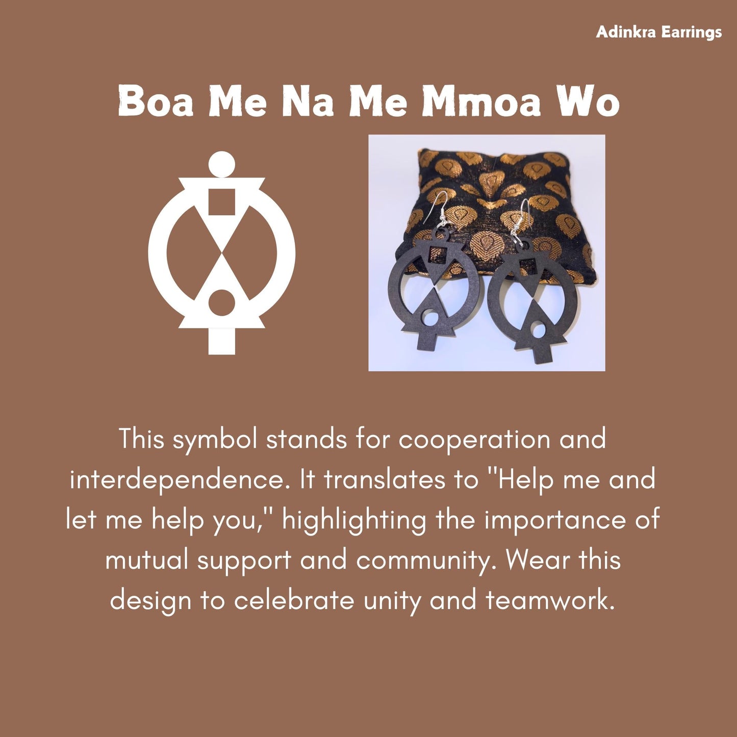 Wooden Adinkra Earrings  Boa Me Na Me Mmoa Wo Symbol of Cooperation | Black Option