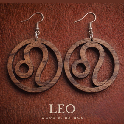 Leo Wood Zodiac Earrings